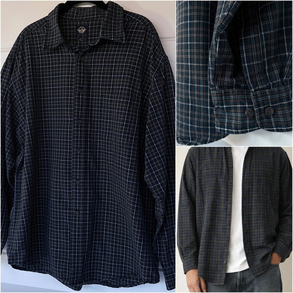 Vtg Dockers Thick Cotton Plaid Shirt XL Blue Roomy Long Sleeve Premium Overshirt